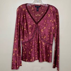 CONTEXT Petites Blouse Wine SILK Floral Butterfly Print V-Neck Velvet Trim 10P